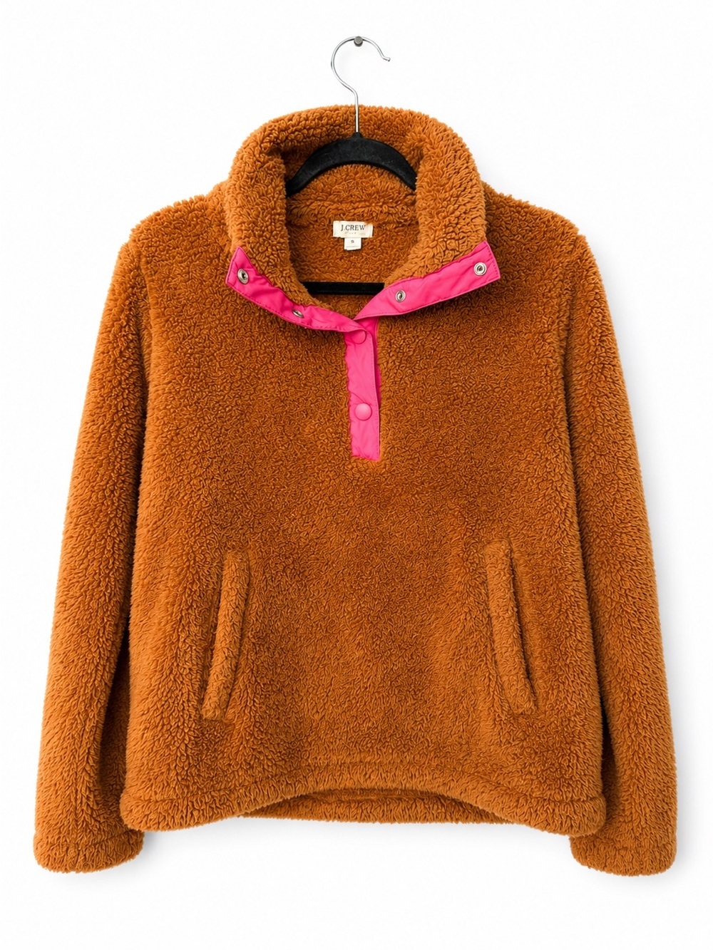 J Crew sherpa fleece pullover brown with pink quarter snap cozy teddy